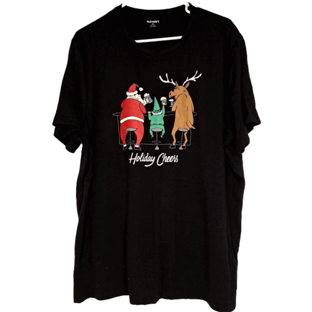 Old Navy Men's XXL Holiday Cheers Santa Elf Reindeer Bar Black T-Shirt